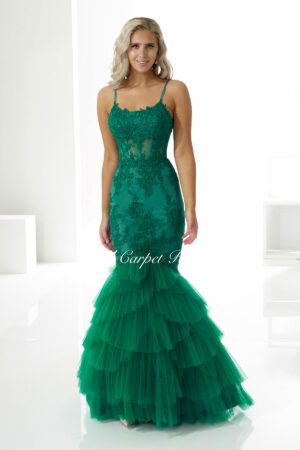 Feathered emerald green fishtail with a corset bodice and straps.