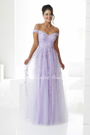 Floral embroidered lilac A-line dress with a corset bodice and off-the-shoulder straps.