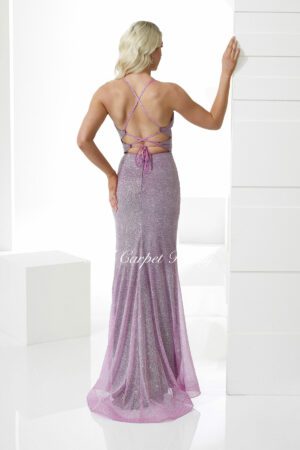 Sparkly purple bodycon dress with a leg split and straps.