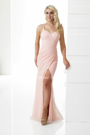Sparkly rose bodycon dress with a leg split, v-neck and straps.