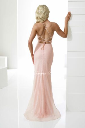 Sparkly rose bodycon dress with a leg split and straps.