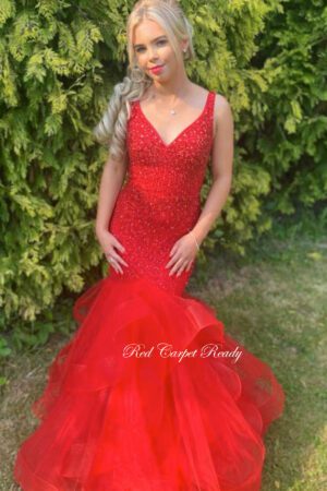 red fishtail prom and evening dress