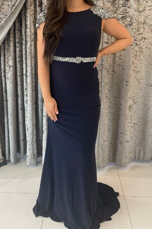navy sale dress with silver shoulder and waist embellishments