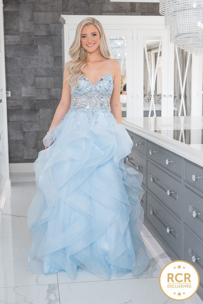 Tiered ruffled princess ballgown with handbeaded bodice