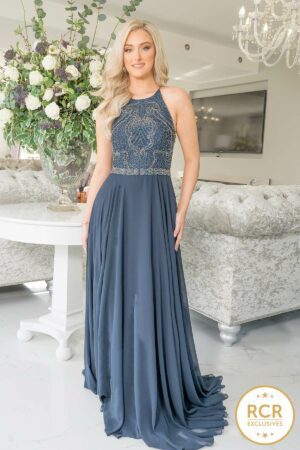 sleeveless A-line dress with a high neckline and sequin embellished bodice.