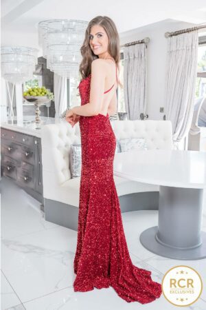 Fully embellished slinky ballgown with open back