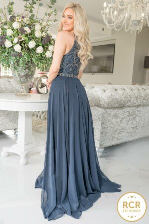 sleeveless A-line dress with a high neckline and sequin embellished bodice.