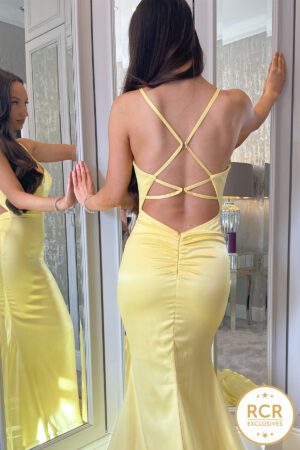 satin dress with ruched bum and detailed back