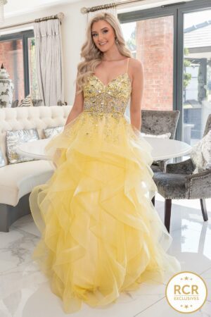 Yellow ballgown with tiered ruffles, v-neck and straps.