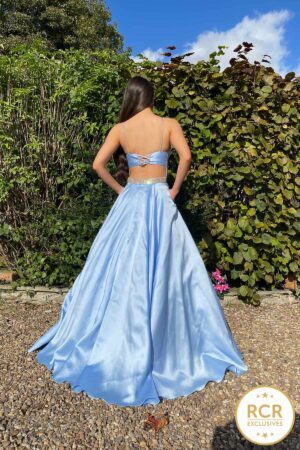 Satin princess ballgown with corset back and embellished straps and waist