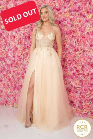 Stunning pink gown, embellished with crystals on the front with a thigh split to the front.