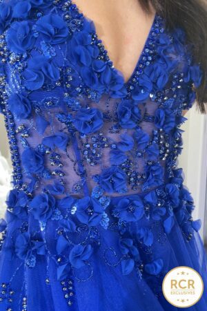Floral embroidered royal blue A-line dress with a v-neck.