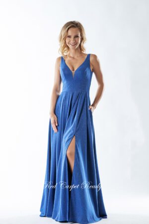 V-cut royal blue flowing ballgown with a leg slit and pockets