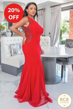 slinky red prom dress with detailing on the side