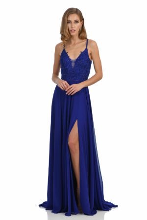 long blue prom dress with a leg slit