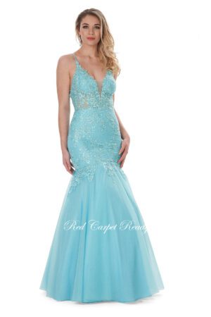 long blue ballgown with straps with intricate detailing on the bodice