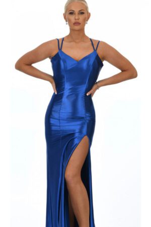blue prom and evening dress with a leg split