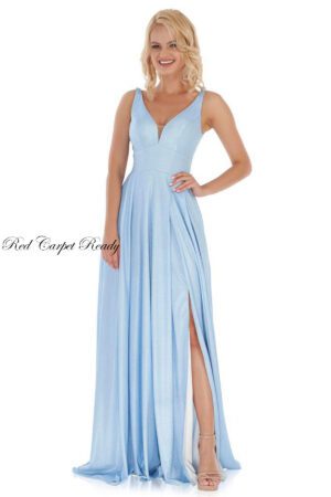 V-cut ice blue flowing ballgown with a leg slit and pockets