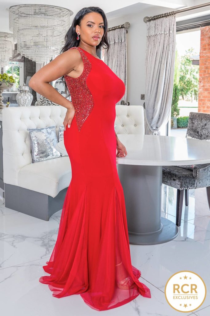 slinky red prom dress with detailing on the side