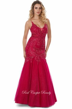 long fuchsia ballgown with straps with intricate detailing on the bodice