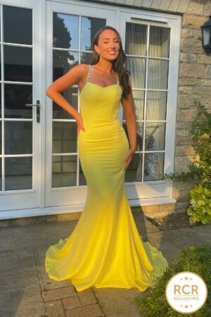 yellow Slinky ball gown with detailed encrusted crystaled back