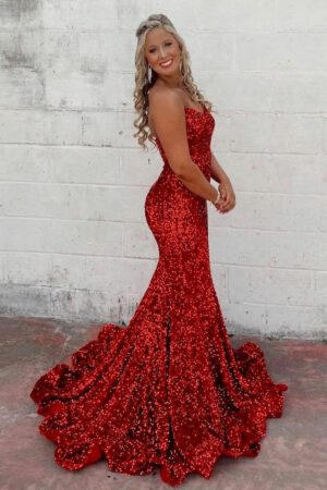 Red strapless sequin prom and evening dress.