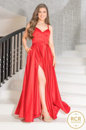 a classic cherry red flowing hollywood look dress with a leg slit