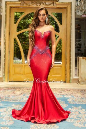 Red fishtail strapless dress with embellishments.