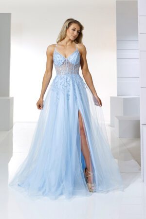 lace ballgown with a leg slit and back straps