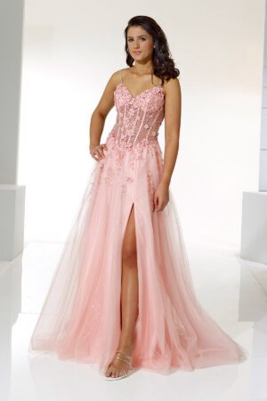 A-line prom and evening dress with a leg slit and intricate detailing on the bodice