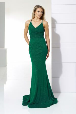 Shimmer fishtail slinky gown with a V-cut and straps