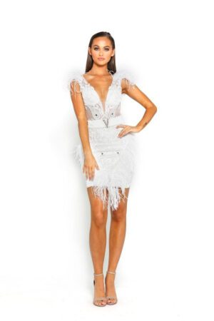 V-neck Tight Fitted Mini Dress with feathers & lace