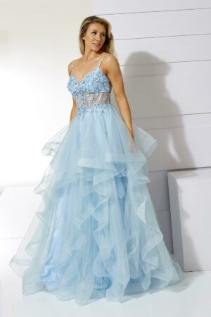 ruffle ballgown with straps and a lace up back
