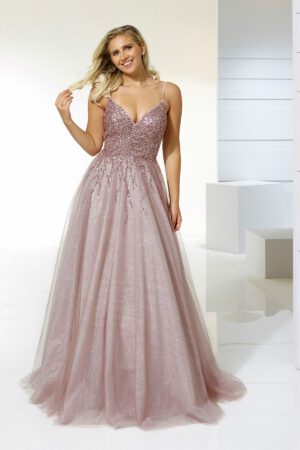 A-line ballgown with a flowing skirt and a corset back