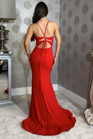red sparkly ruched slinky dress