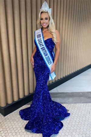 jen atkin miss gb blue dress fishtail shimmering