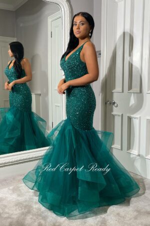 Sleeveless fishtail dress with crystal embellishments and a v-neckline.