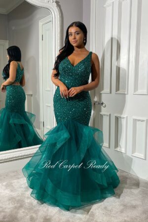 Sleeveless fishtail dress with crystal embellishments and a v-neckline.