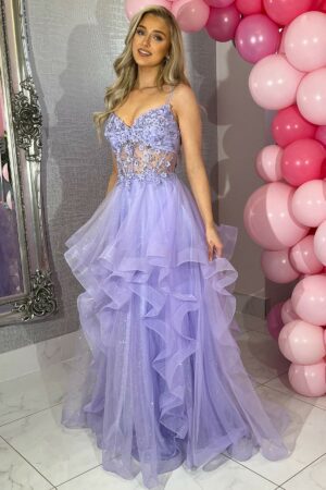 ruffle ballgown with straps and a corset back