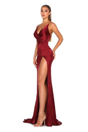 slinky satin prom and evening dress with a daring leg slit and a mermaid train