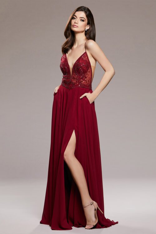 A-line V-neck dress with a leg slit and detailing on the bodice