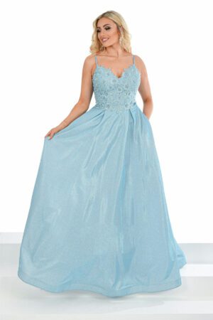 A baby blue A-line prom & evening dress with embroidered detailing on the bodice.