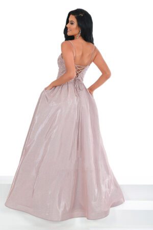 A rose gold A-line prom & evening dress with embroidered detailing on the bodice.