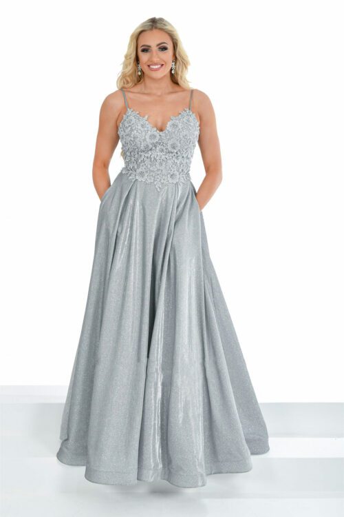silver A-line prom & evening dress with embroidered detailing on the bodice.