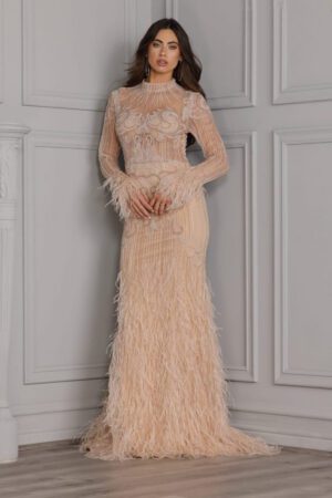 couture evening dress with sleeves and feathers