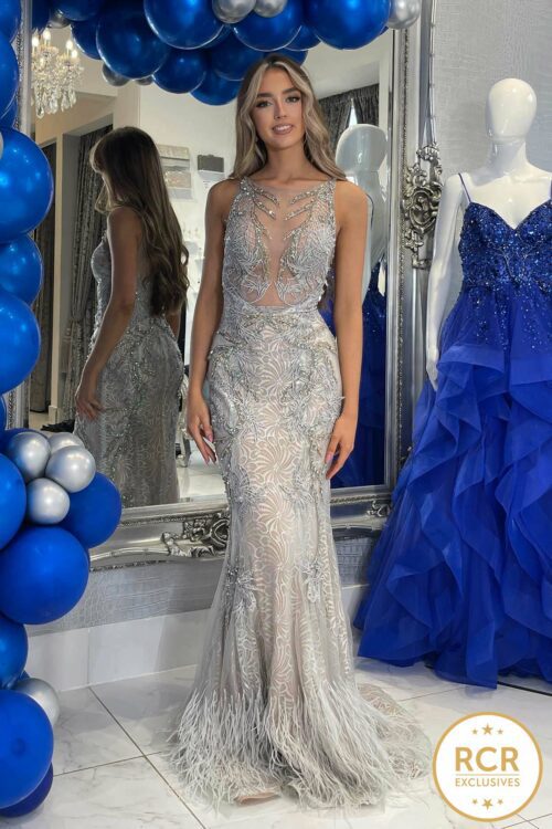 couture dress with crystals and feathered bottom
