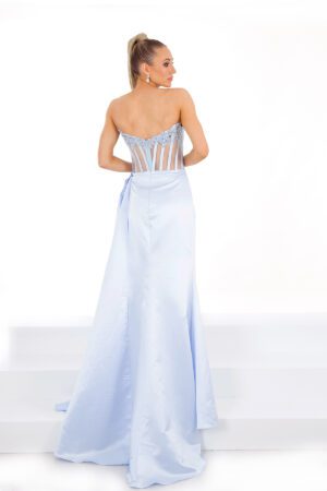 baby blue strapless prom & evening dress with detailing on the bodice and a leg slit
