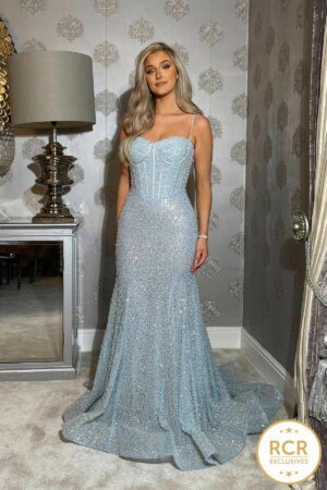 A cinderella blue fishtail prom & evening dress that sparkles in the light.