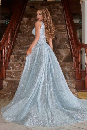 cinderella blue shimmering ballgown with a deep v-neck and straps