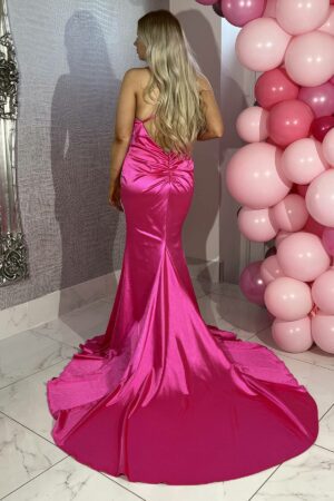 Hot Pink slinky fishtail backless dress with straps.